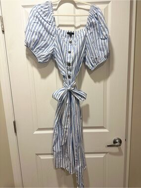 J. Crew Striped Puff-Sleeve Tie-Front Midi Dress - Blue/White